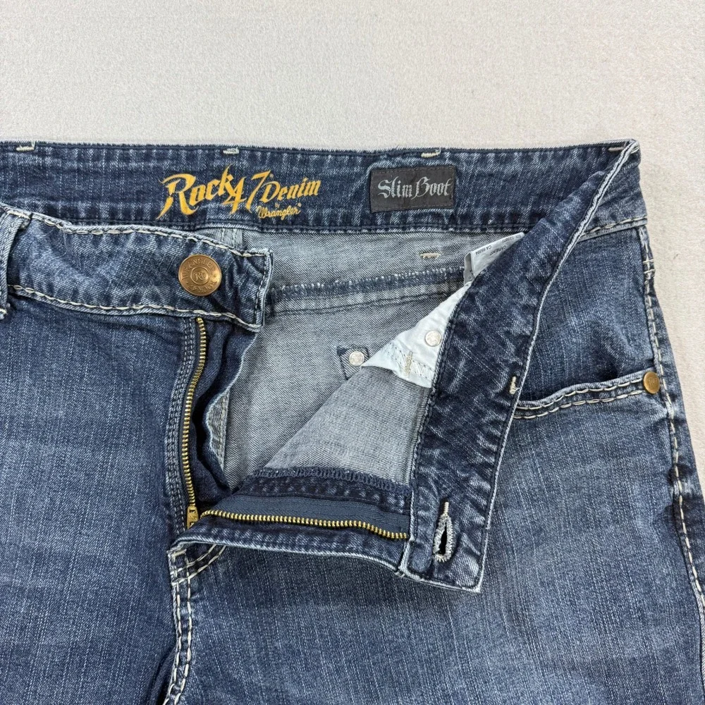 Wrangler Rock 47 Denim Jeans Mens 38x30 Blue Medium Wash Slim Bootcut Cowboy